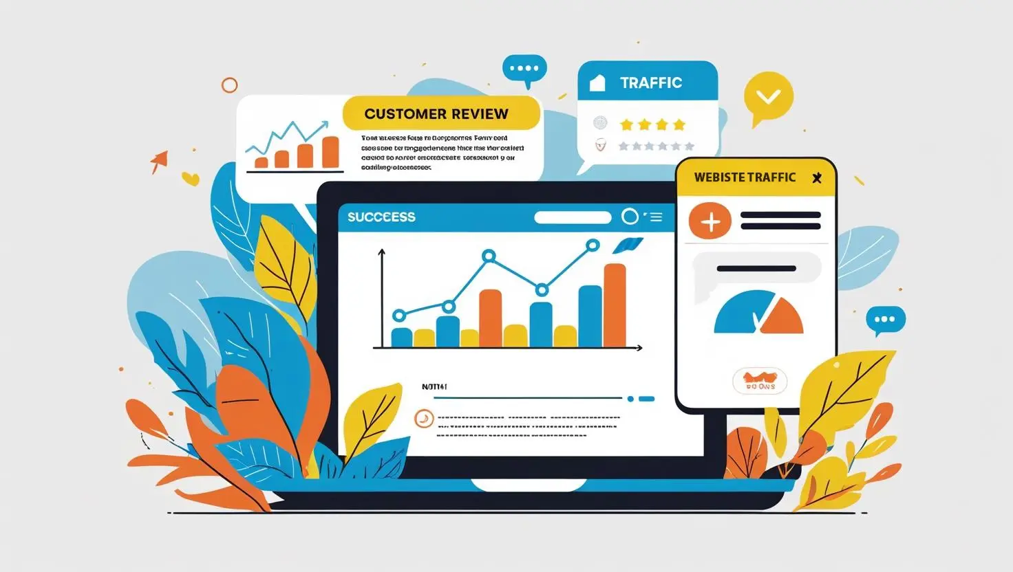 infographic has a bright, colorful display of a computer, phone screen and comment blurbs