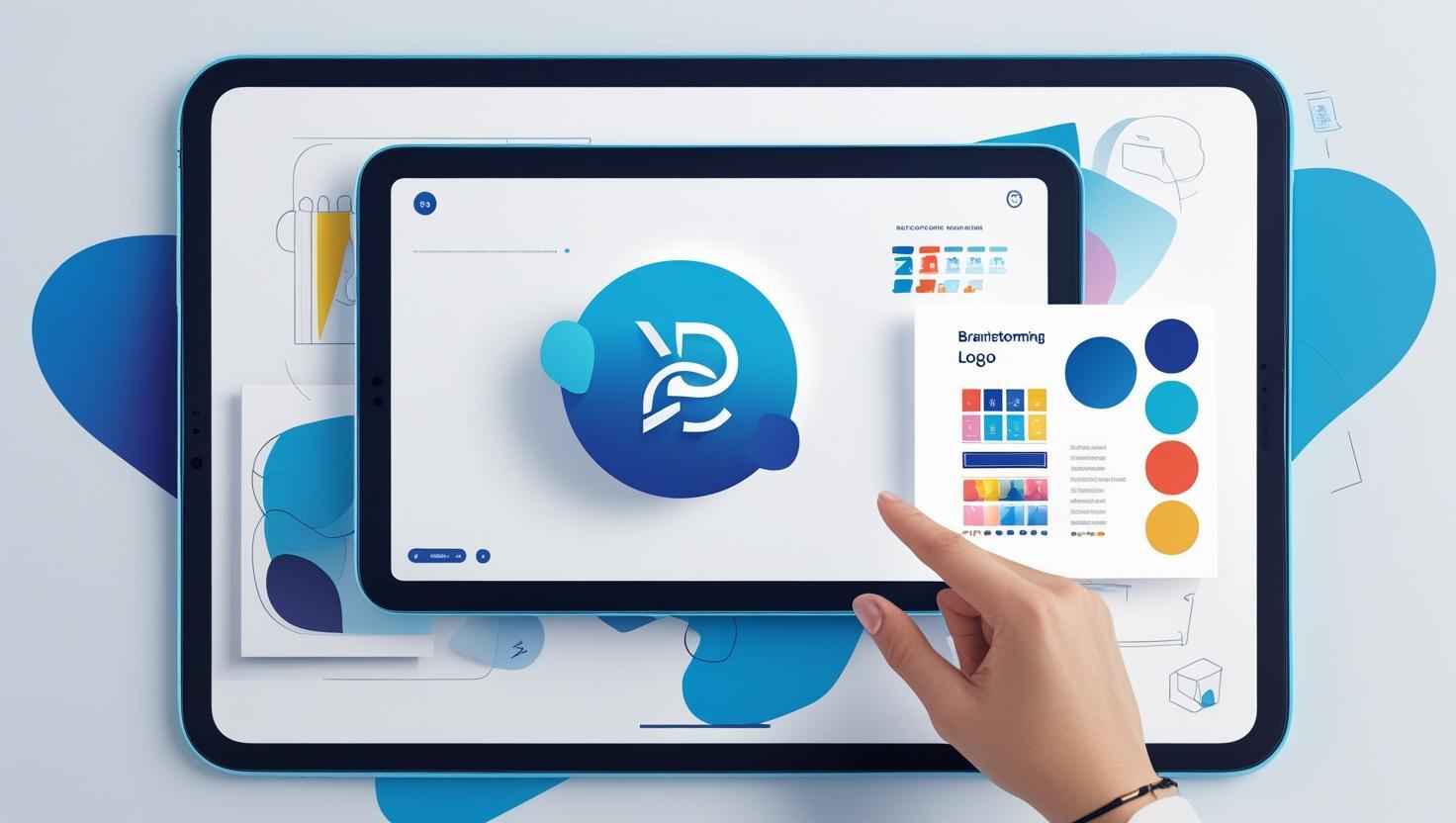 A person creating a logo on a tablet featuring a blue and white design.