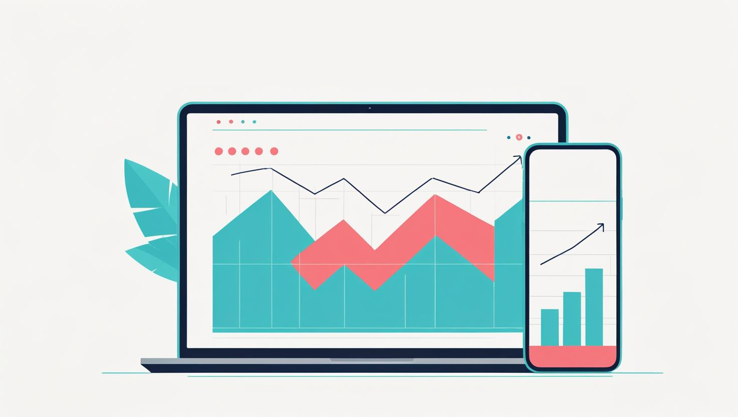 A minimalist infographic-style image. Feature a laptop and a mobile phone, both displaying upward-trending graphs in vibrant teal and coral. Ensure the image is visually appealing and easy to understand, omitting any text. Emphasize upward-trending data on the screens. Utilize a flat design with sharp lines and bright colors, framed by ample white space to enhance clarity and focus.